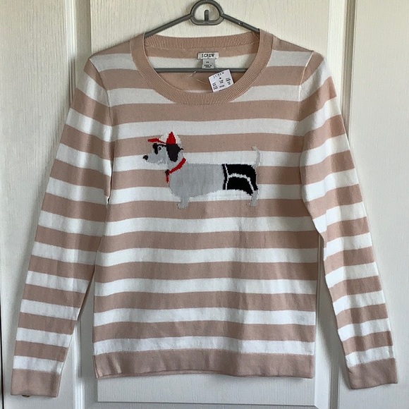 J. Crew Sweaters - J. Crew tan & white stripe with dachshund graphic sweater XS NWT